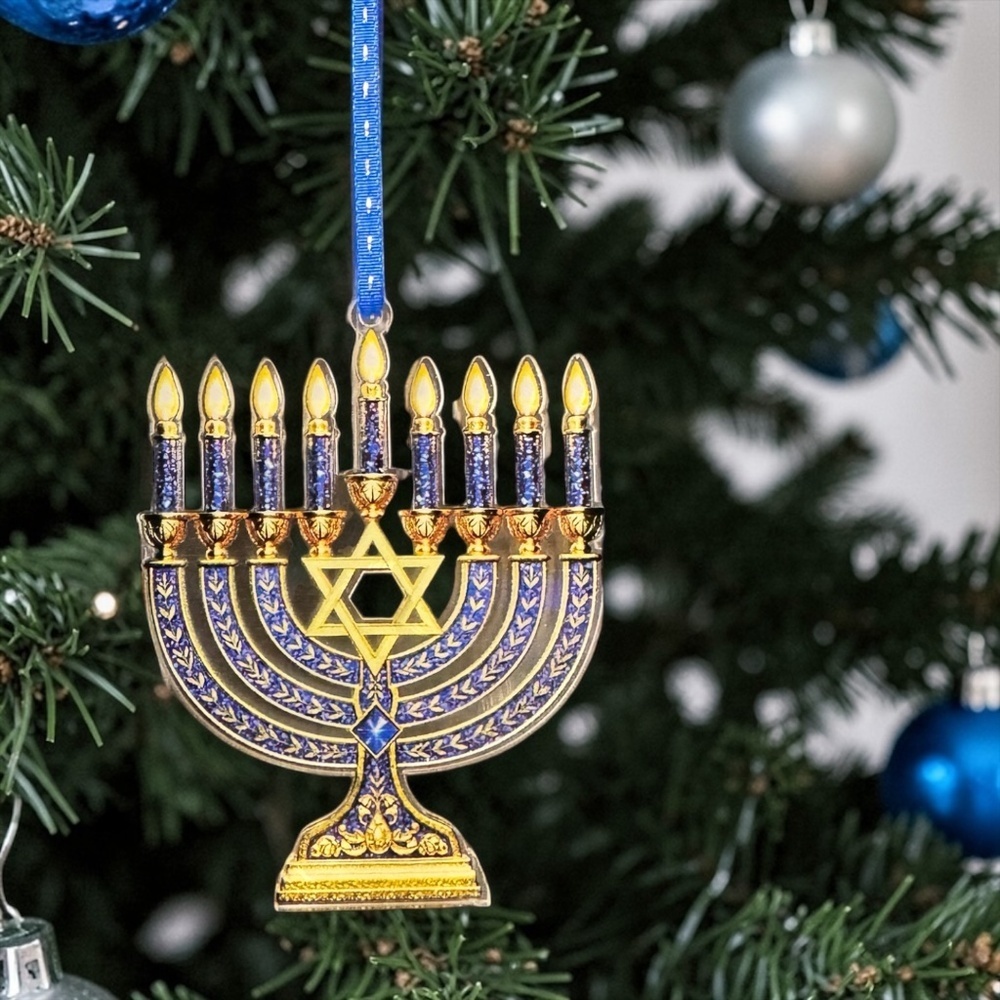 Menorah Ornament Hanukkah Tree Decor Blue Gold Jewish Holiday Gift - Picture 7 of 9